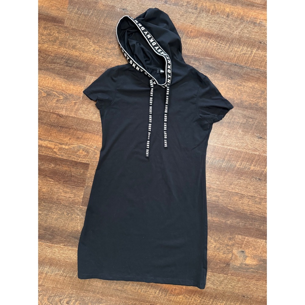 DKNY Black Hoodie Dress Women Small 6 Logo Trim Short Sleeve Athleisure